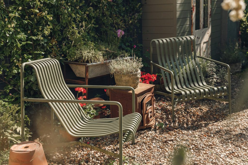Garden chairs on the gravel terrace