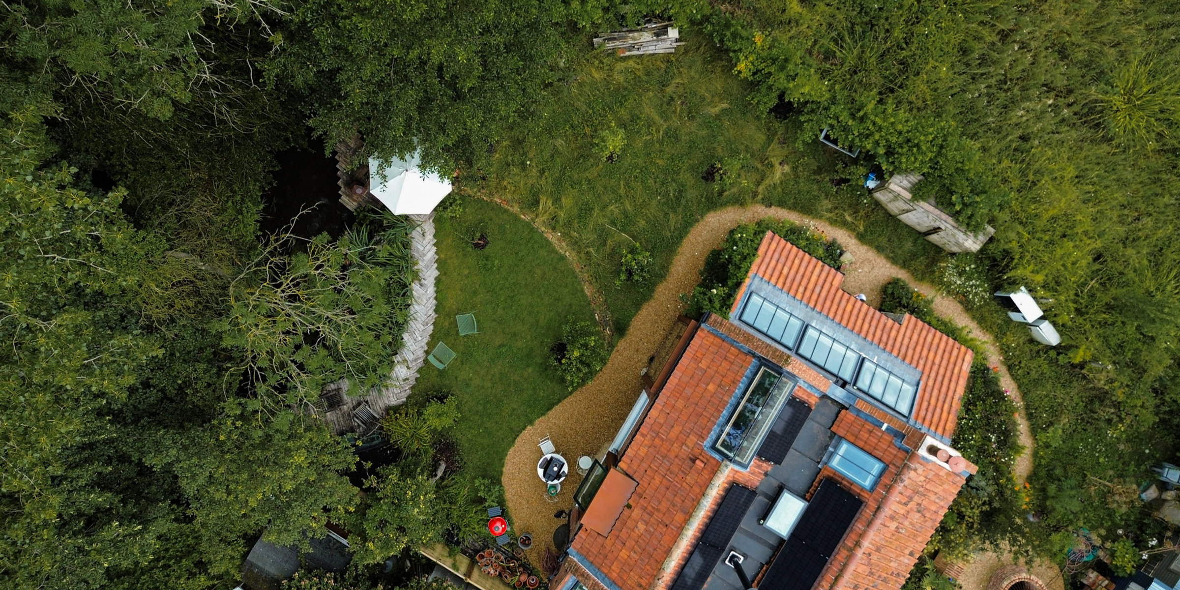 Riverbank from above, with its garden running down to the river