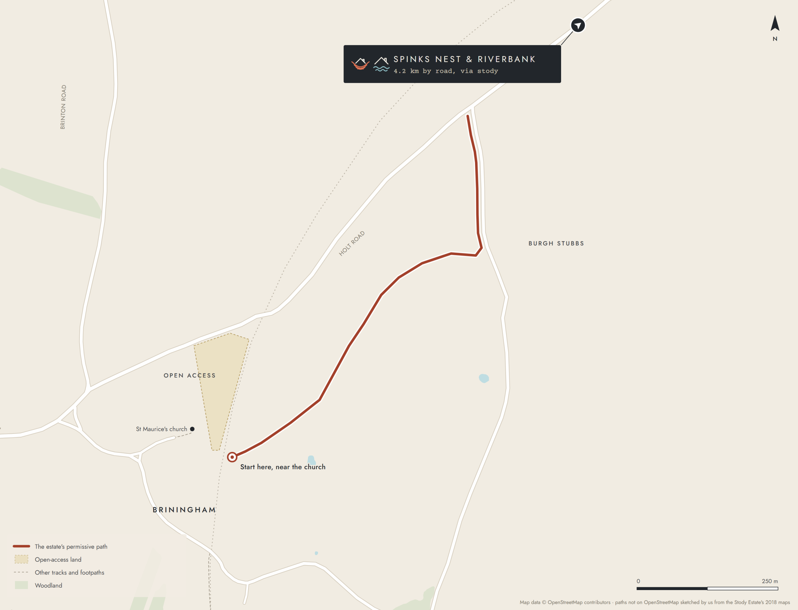 Map of walk 4 at Briningham, about 4 km by road from Spinks Nest and Riverbank: the path from beside St Maurice's church and the open-access land, north-east along the field edges to the lane at Burgh Stubbs, then north beside the lane to the Holt road.