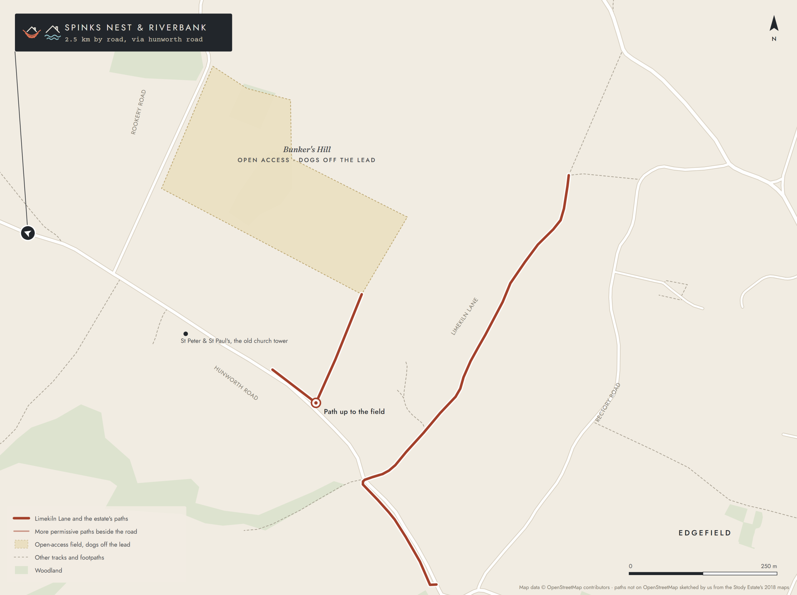 Map of walk 2 near Edgefield, about 2.5 km by road from Spinks Nest and Riverbank in Hunworth: Limekiln Lane running from the Hunworth road up to Rectory Road, the permissive path beside the road towards Edgefield, the short path up to the open-access field at Bunker's Hill where dogs can run off the lead, and the old church tower of St Peter and St Paul's.