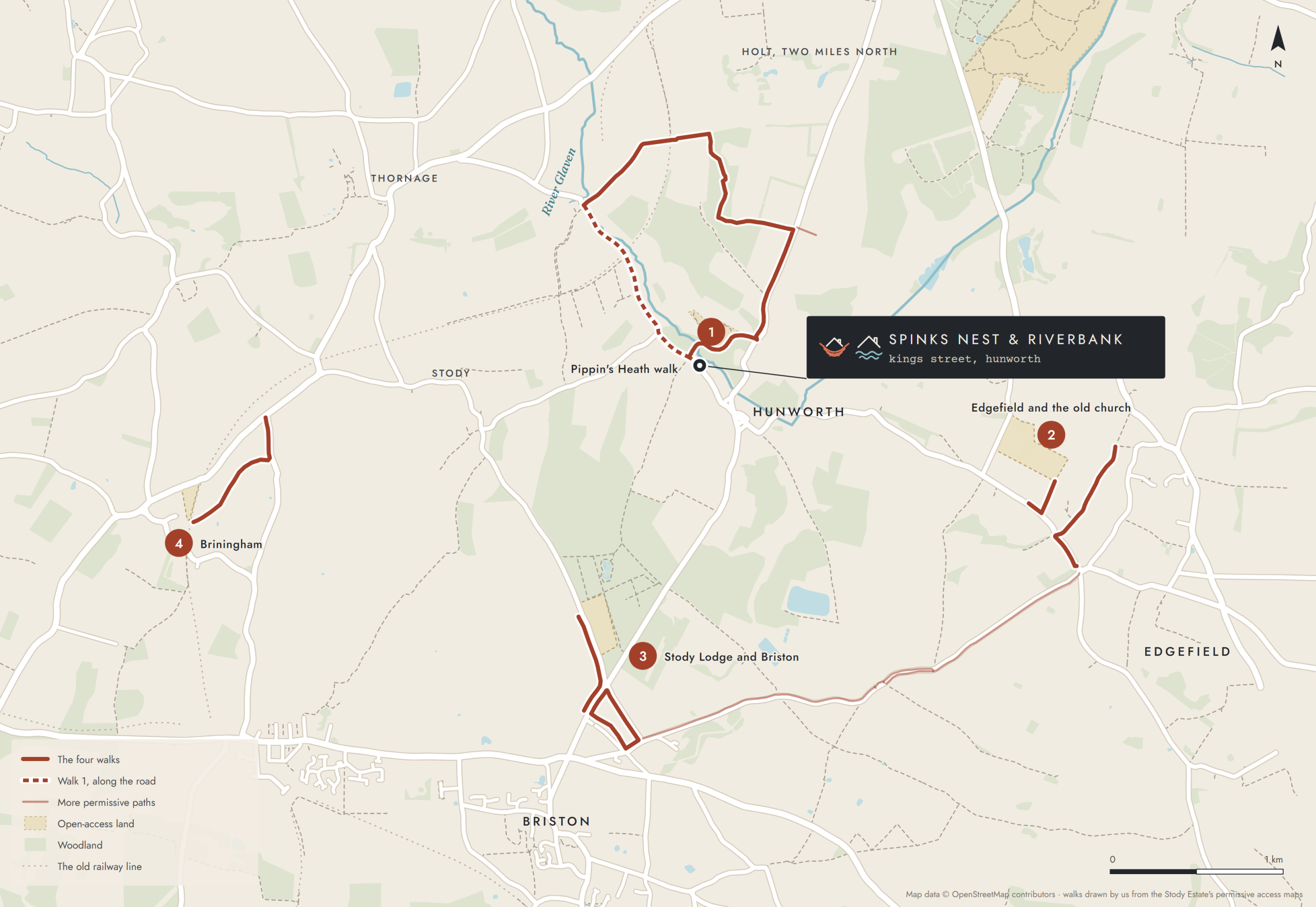 Map of the country around Hunworth showing Spinks Nest and Riverbank on Kings Street and the four walks: 1 the Pippin's Heath loop from the door, 2 Edgefield and the old church, 3 Stody Lodge and Briston, 4 Briningham.