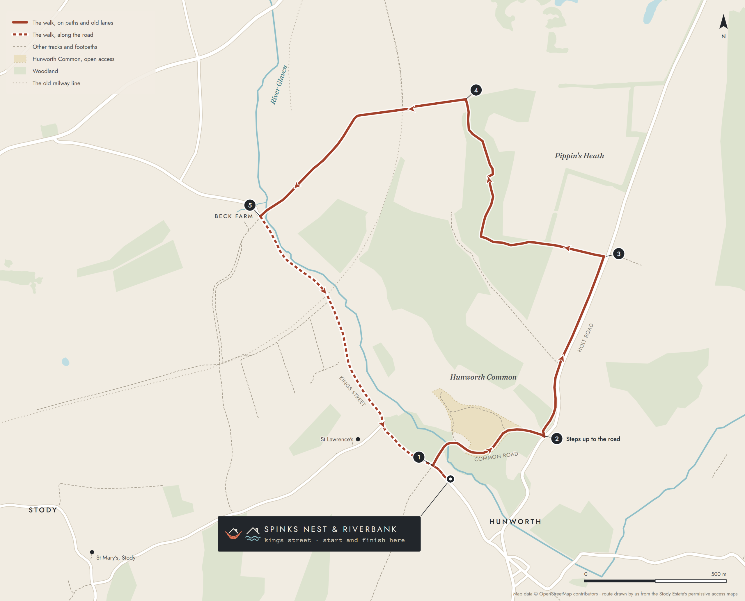 Map of the Pippin's Heath walk, a 4.3 km loop from Spinks Nest and Riverbank on Kings Street, Hunworth: along Kings Street and up Common Road, an old unpaved lane, through Hunworth Common, up the steps to Holt Road and north on the path beside it, along a field edge and north through Pippin's Heath Plantation, west along the high ground and down to the River Glaven at Beck Farm, then back along Kings Street.