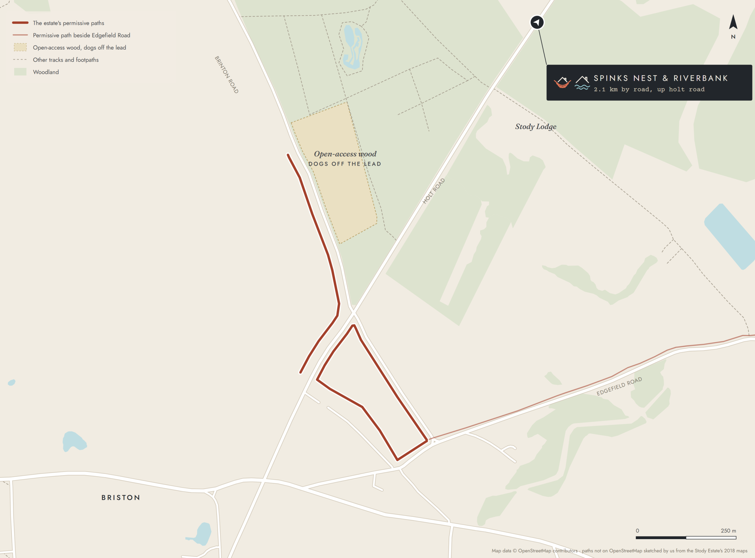 Map of walk 3 at the crossroads of Holt Road and Brinton Road on the northern edge of Briston, about 2 km by road from Spinks Nest and Riverbank: the estate's paths through the fields beside both roads, the short loop at the edge of the village, the open-access wood beside Brinton Road where dogs can run off the lead, and the permissive path beside Edgefield Road.